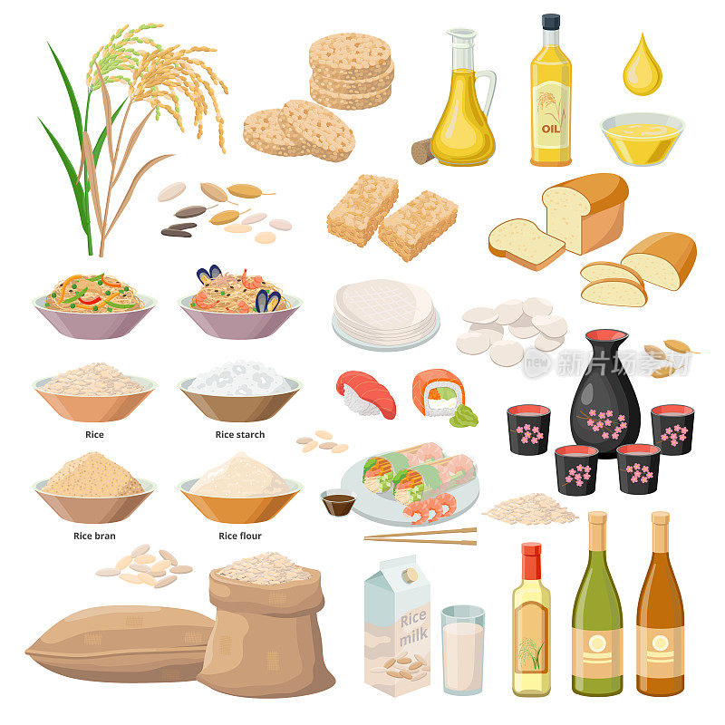 大米制品，大米、油、面粉、麸皮、淀粉、牛奶、膨化米、膨化米糕、清酒、葡萄酒、面包、寿司、薯片、Bánh tráng、纸张、果仁等食品。信息图元素的向量集。